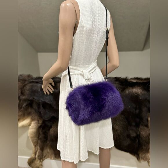 Purple Handmade Dyed Silver Fox Fur Camera Bag/Crossbody & 3 Strap Styles - Picture 8 of 17